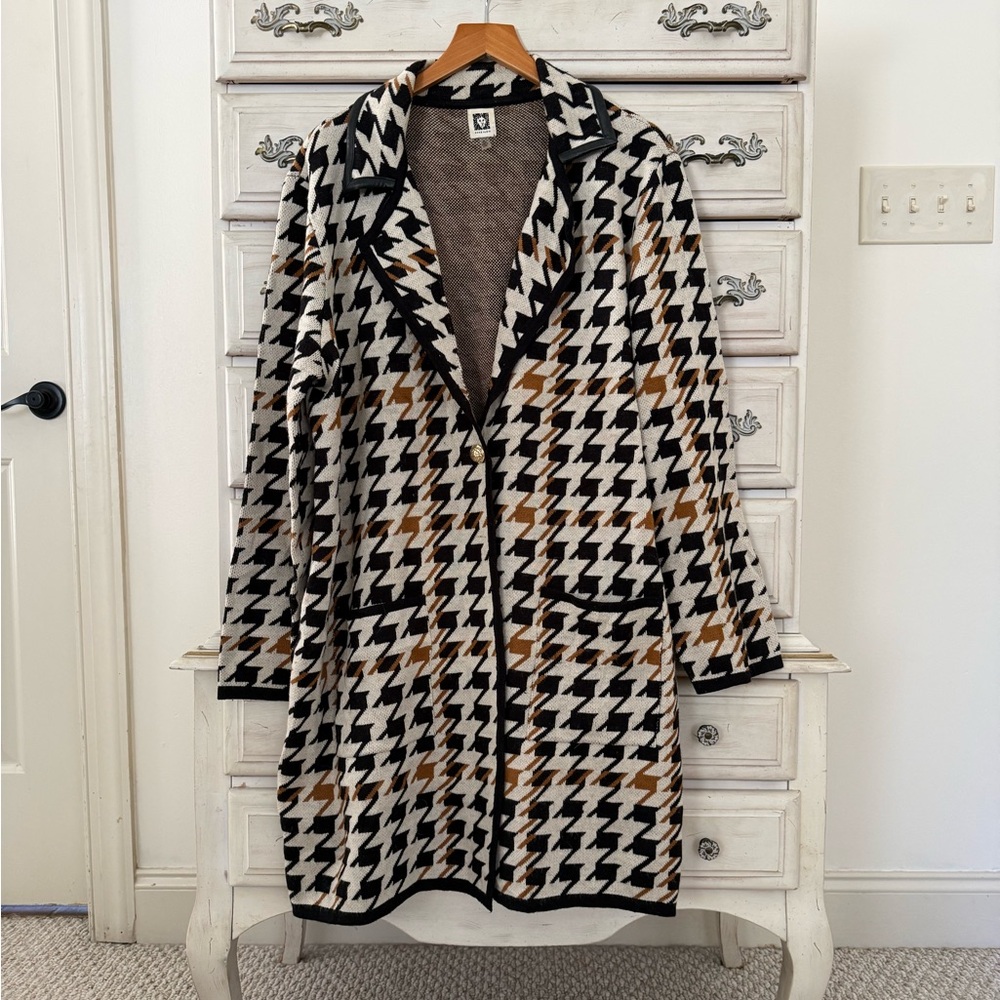Anne Klein Houndstooth Duster Pocketed Cardigan